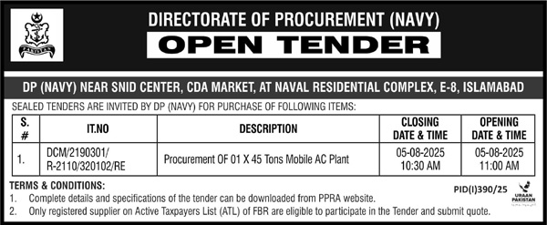 Pakistan Navy Islamabad Tender Notice